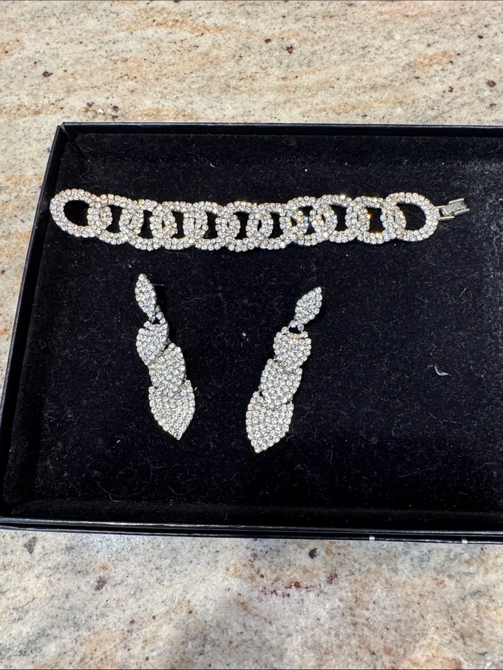 Rhinestone Link Bracelet & Drop Earrings Set - Silver Crystal Sparkle